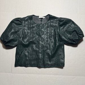 CHRISTY LYNN Elisa Top Dark Green Faux Leather Eyelet Puff Sleeve Blouse M